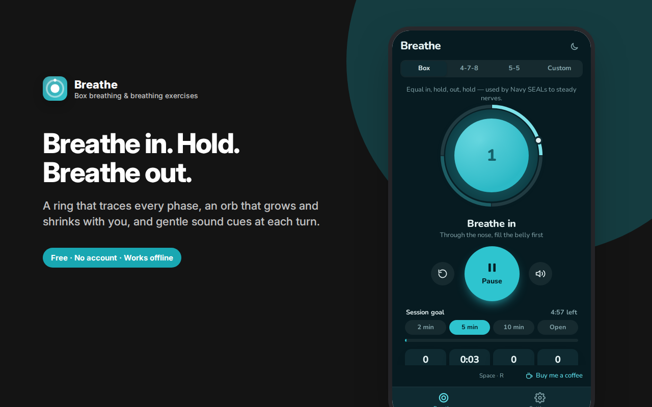 Breathe in. Hold. Breathe out. — Breathe – Box Breathing & Relaxation Timer