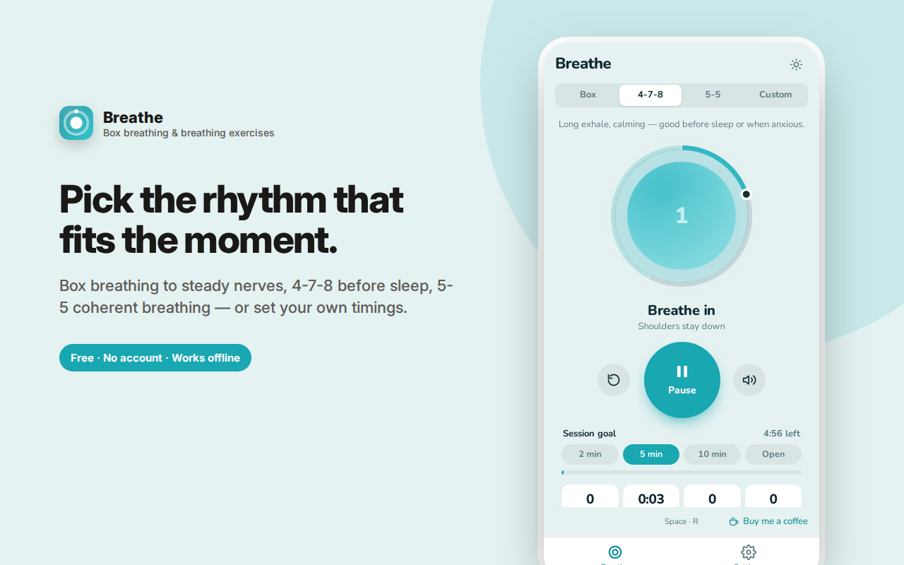 Pick the rhythm that fits the moment. — Breathe – Box Breathing & Relaxation Timer