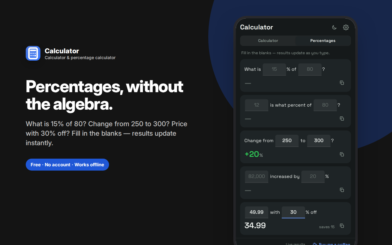 Percentages, without the algebra. — Calculator & Percentage Calculator