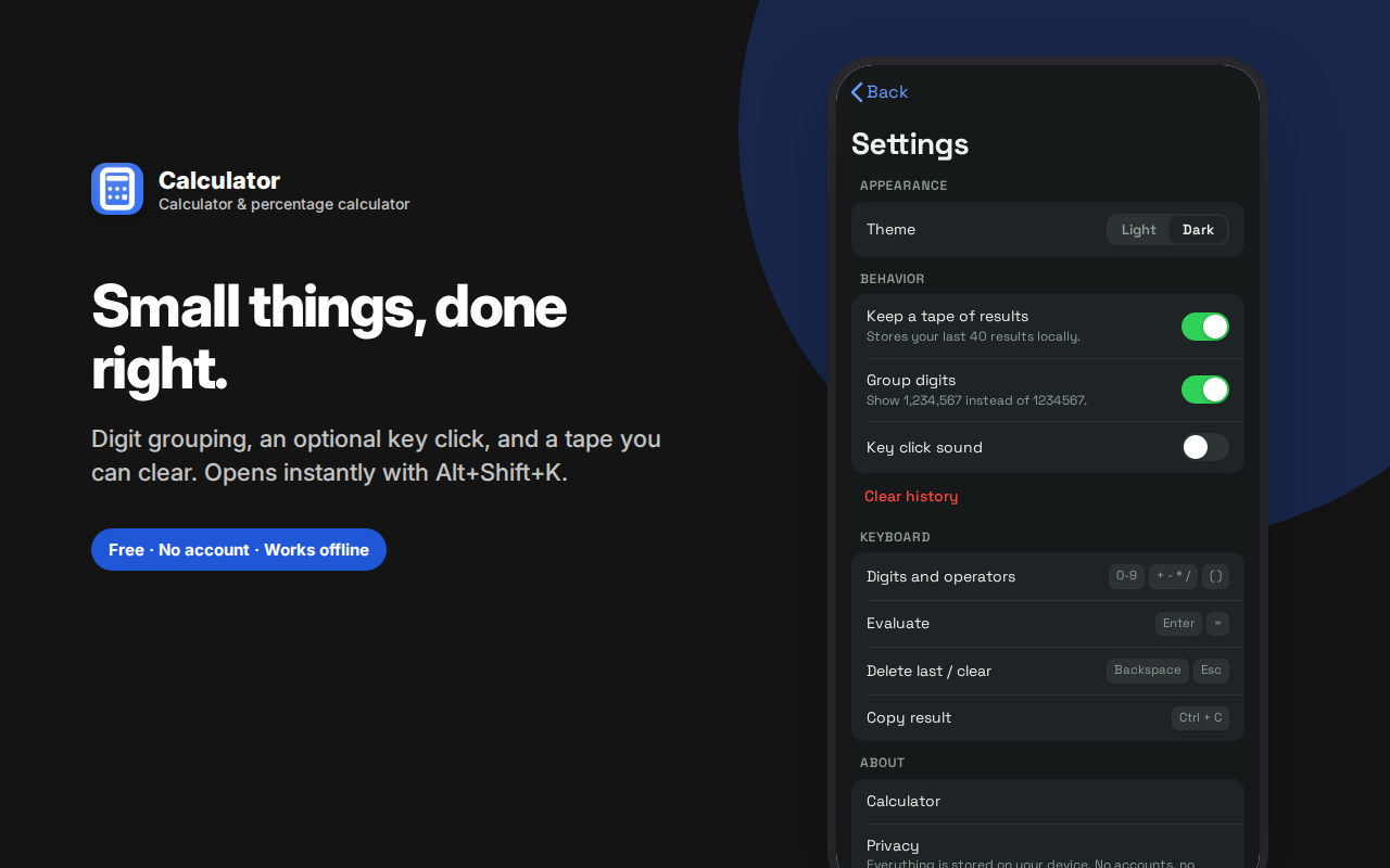Small things, done right. — Calculator & Percentage Calculator