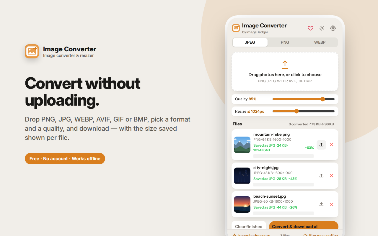 Convert without uploading. — Image Converter – JPG, PNG, WEBP & AVIF