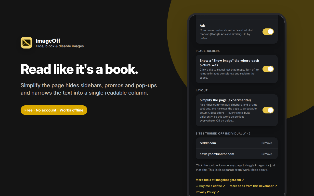 Read like it's a book. — ImageOff – Hide Images, Video & Ads for Focus