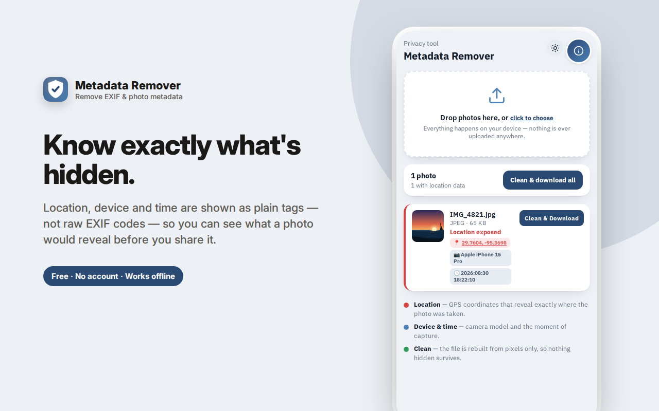 Know exactly what's hidden. — Metadata Remover – Strip EXIF & GPS from Photos