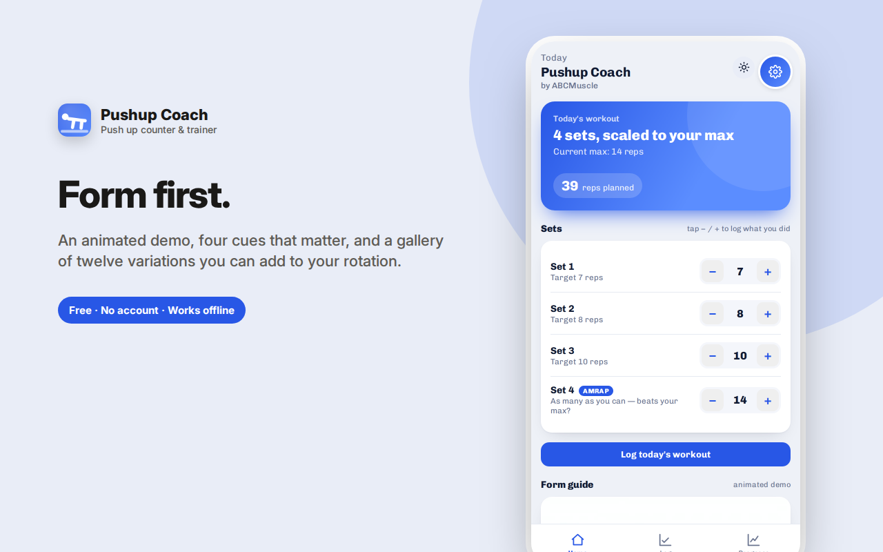 Form first. — Pushup Coach – Push-up Counter & Training Plan