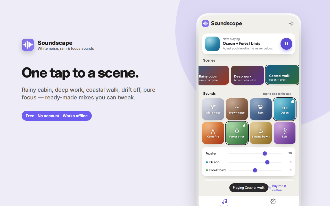 One tap to a scene. — Soundscape – Rain, White Noise & Focus Sounds