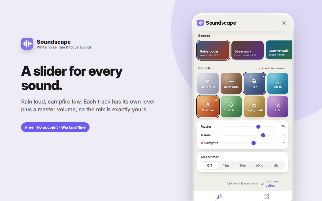 A slider for every sound. — Soundscape – Rain, White Noise & Focus Sounds