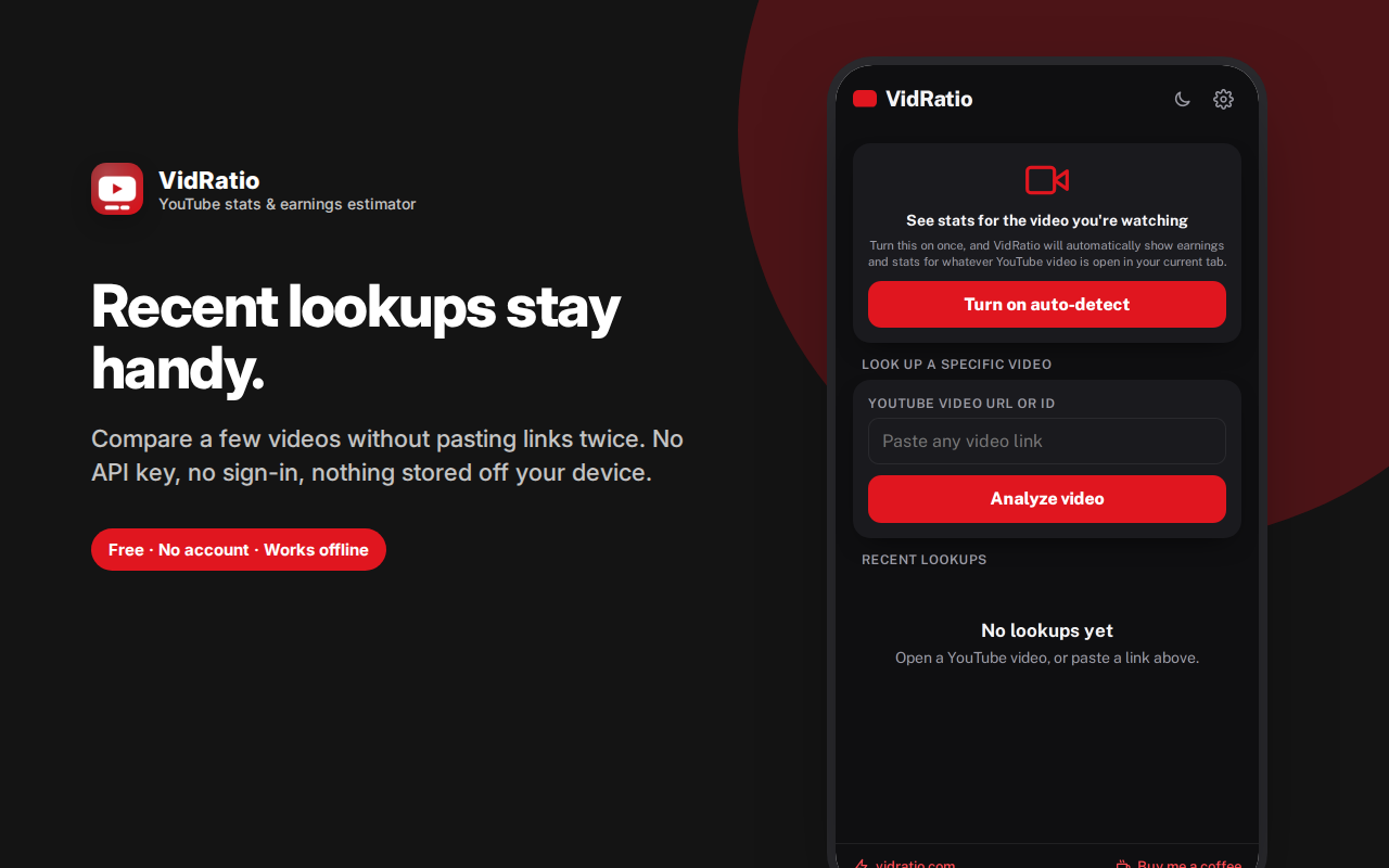 Recent lookups stay handy. — VidRatio – YouTube Stats & Earnings Estimator