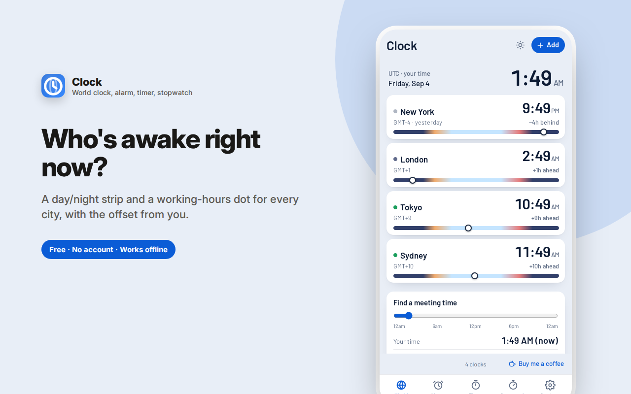 Who's awake right now? — Clock – World Clock, Alarm, Timer & Stopwatch