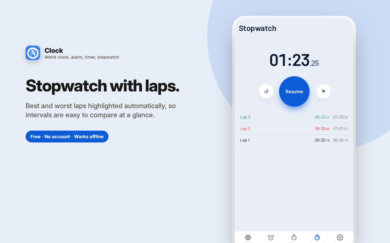 Stopwatch with laps. — Clock – World Clock, Alarm, Timer & Stopwatch